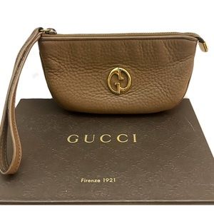 Gucci Authentic 1973 GG Logo Leather Wristlet Pouch Mini Bag Brown with Box